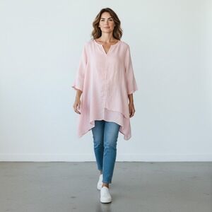 SAGA Women's OS Pink 100% Linen Lagenlook Boho Oversized Asymmetrical Hem Tunic